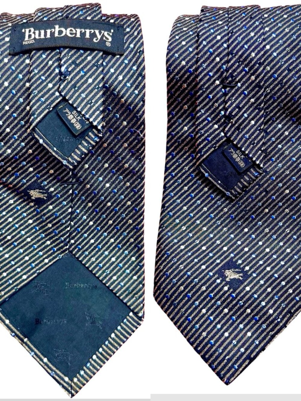 Burberrys necktie 100% Silk Gray Black striped Silver blue dots (40)